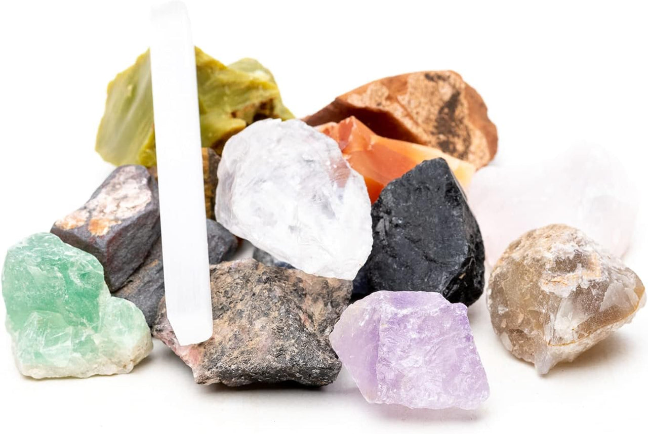 1 lb Rough Stone Mix Crystal Stones for Tumbling, Healing, and Collecting - Includes Free Selenite Stick