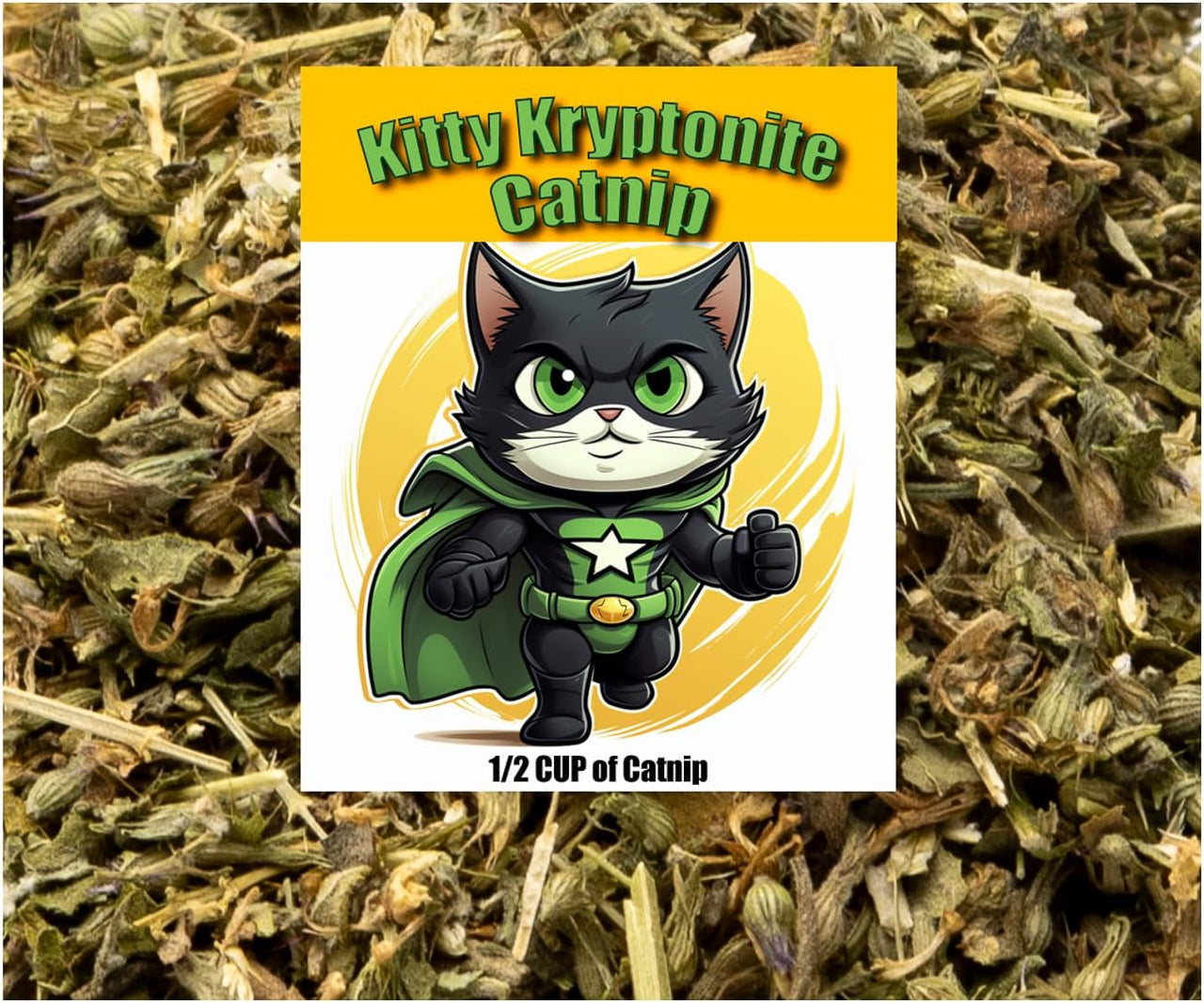 DesertUSA Kitty Kryptonite Catnip Blend - North American Crafted, 100% Natural, and Non-Addictive Catnip Treats for Enhanced Playfulness. Perfect for Cat Accessories (1/2 Cup)