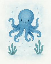 Set of 3 8x10 Ocean Buddies nursery prints with whale, sea turtle, and octopus in calming blues, U.S.-made