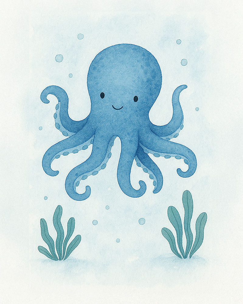 Set of 3 8x10 Ocean Buddies nursery prints with whale, sea turtle, and octopus in calming blues, U.S.-made