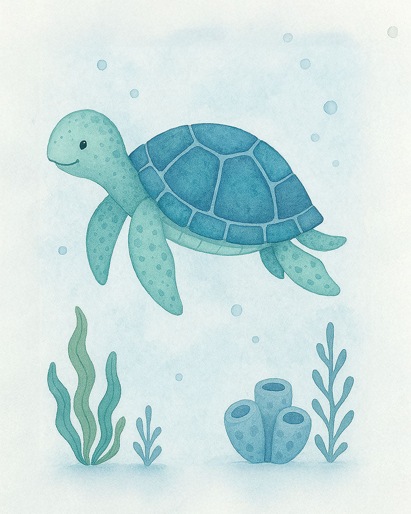 Set of 3 8x10 Ocean Buddies nursery prints with whale, sea turtle, and octopus in calming blues, U.S.-made