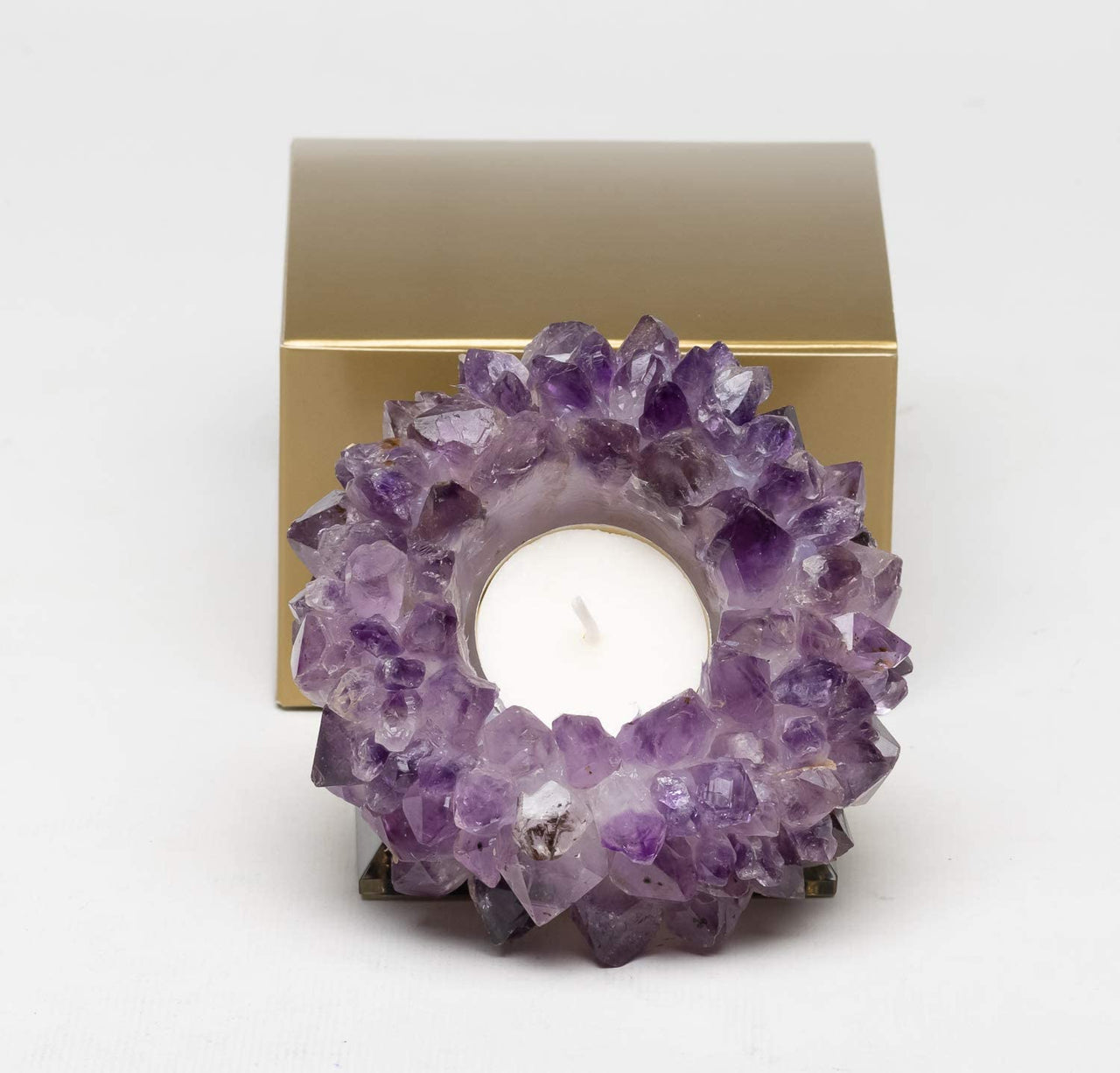Handmade Brazilian Amethyst Crystal Point Tea Light Candle Holder with Tea Light Candle - Perfect Gift in Gold Box