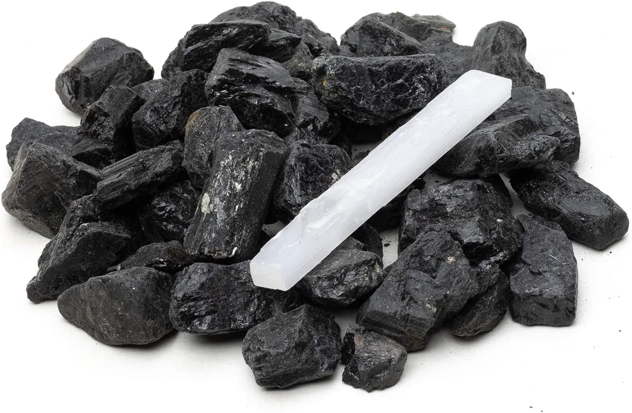 1 lb Bulk Black Tourmaline Large Rough Pieces - Natural, Versatile, and Includes Free Bonus Selenite Stick