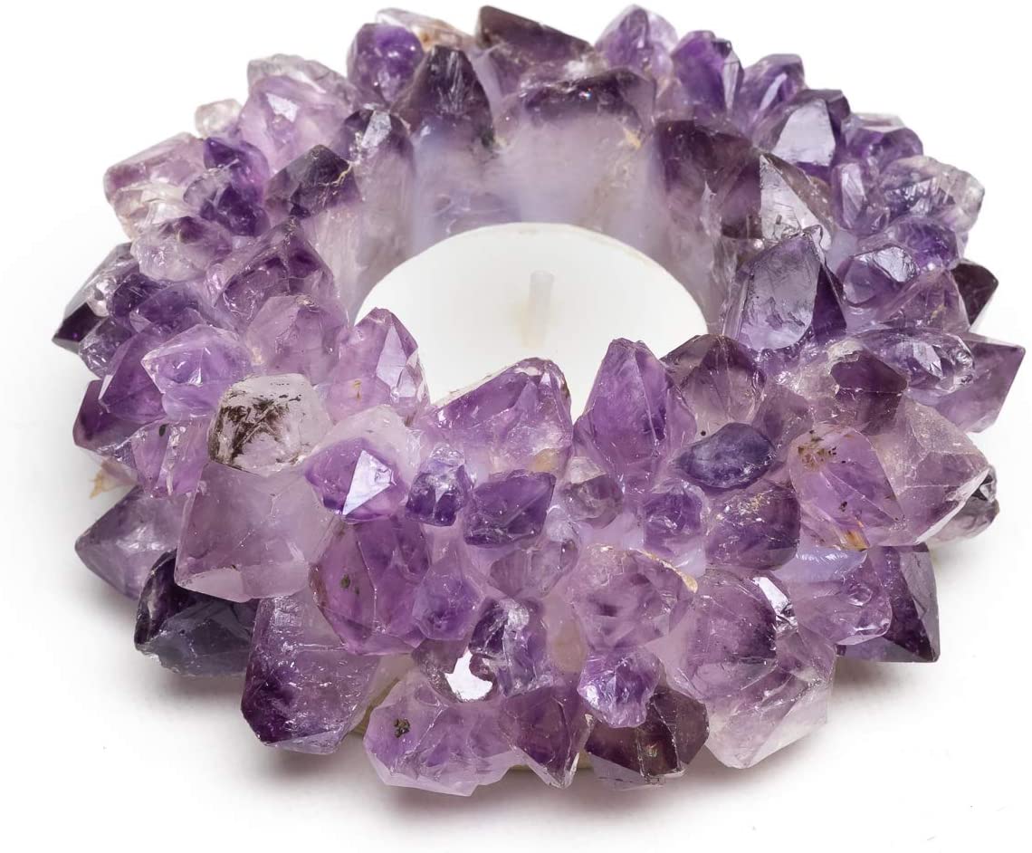 Handmade Brazilian Amethyst Crystal Point Tea Light Candle Holder with Tea Light Candle - Perfect Gift in Gold Box