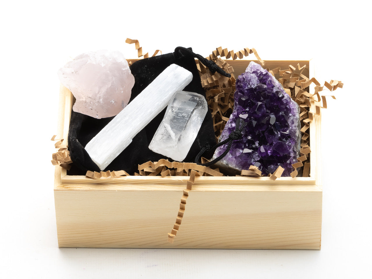 Four Piece Crystal Kit - Amethyst, Rose Quartz, Selenite, Clear Quartz Crystal Point