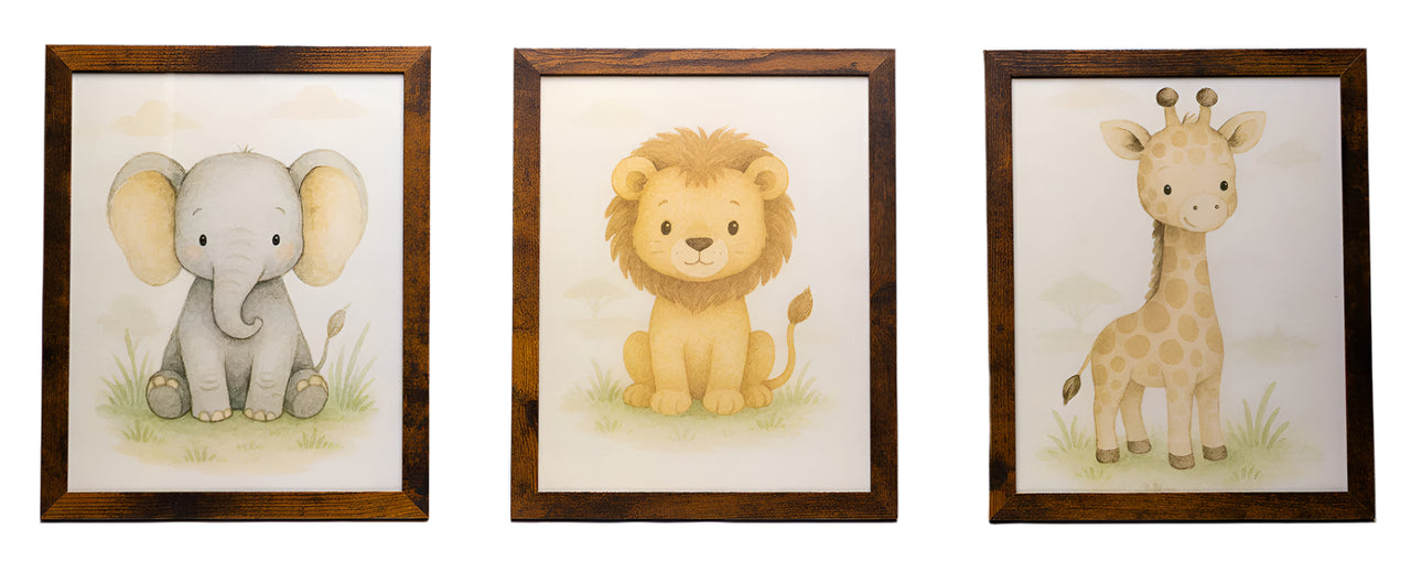 Safari Animal Nursery Wall Art – Set of 3 Framed Prints (8x10) – Gender-Neutral, U.S.-Made
