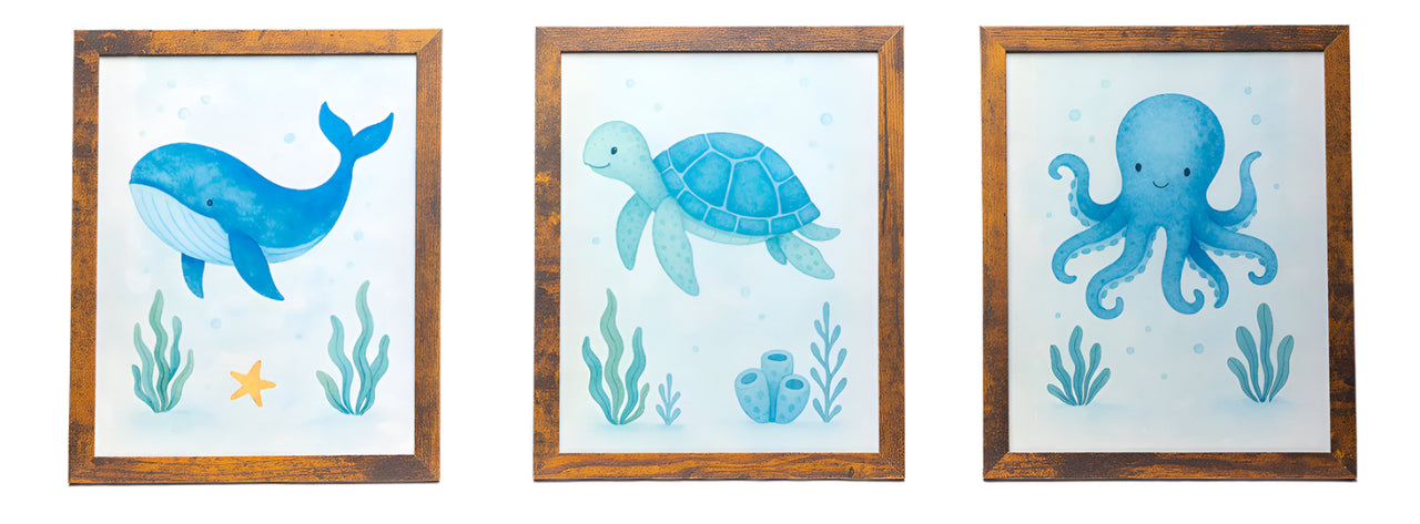 Set of 3 Ocean Buddies Nursery Framed Prints (8x10) – Whale, Sea Turtle, Octopus – U.S.-Made