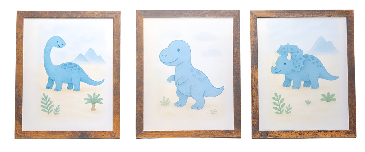 Dinosaur Buddies Nursery Wall Art – Framed Set of 3 (8x10) – T-Rex, Brontosaurus, and Triceratops – U.S.-Made