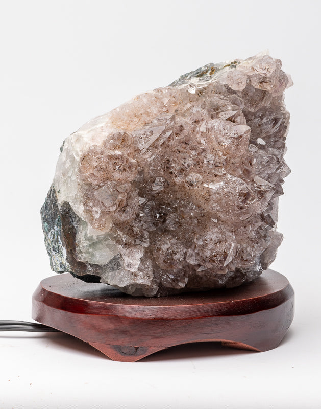 Natural Amethyst Lamp with Wood Base - 6" High, 4.5" Wide x 4.5" Deep - Includes LED Light Bulb, Cord, and Bonus Minerals