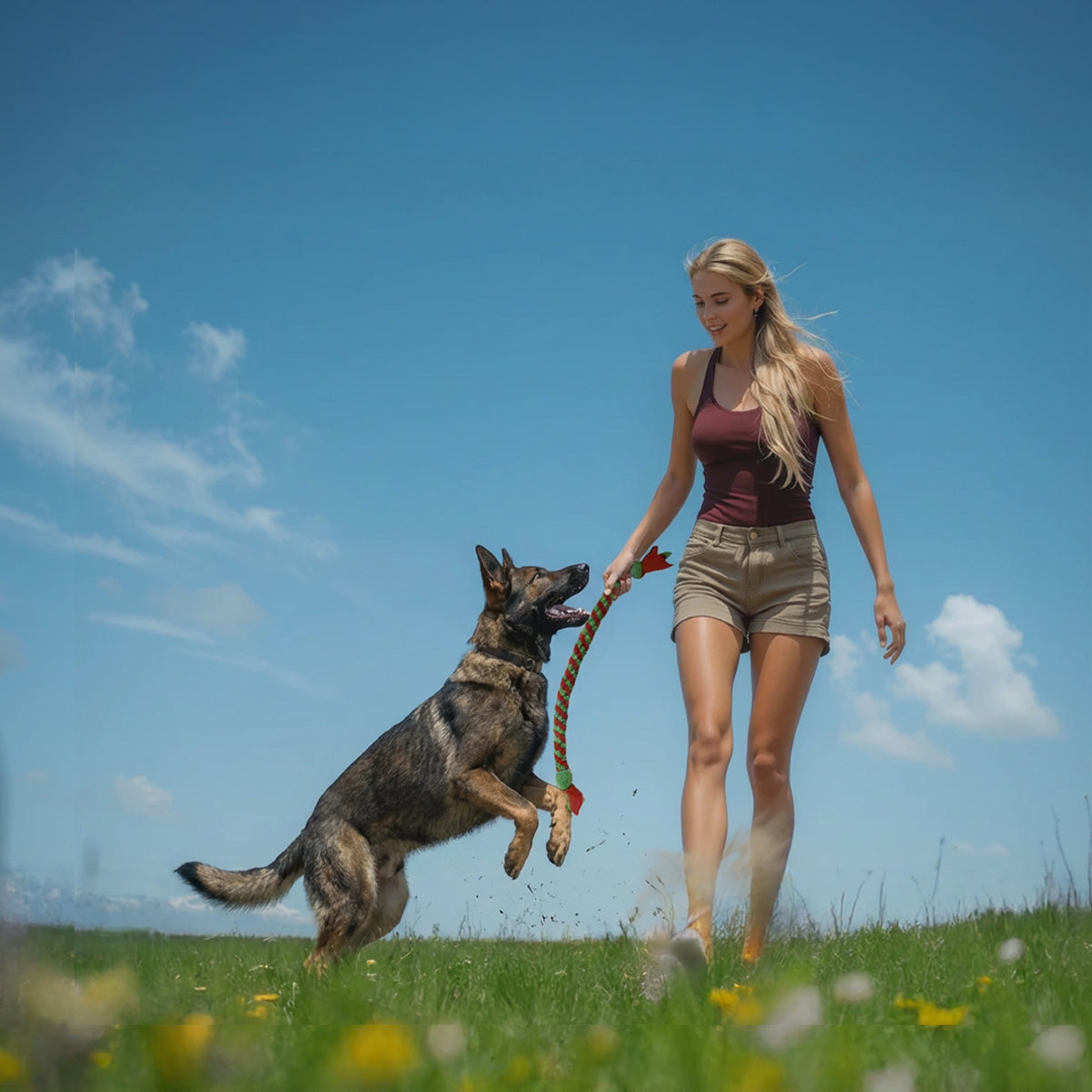 Interactive dog toy for tug-of-war and fetch play”
