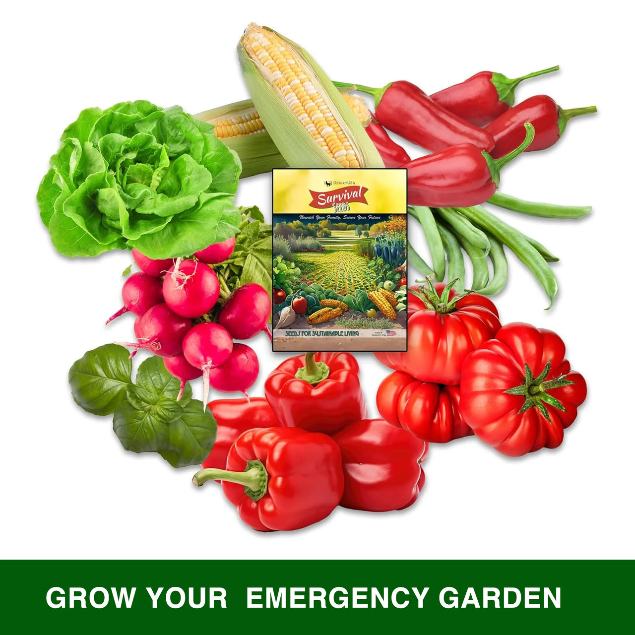 8-Variety Survival Seed Pack with Basil: Grow Your Own Emergency Garden