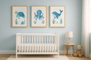 Set of 3 8x10 Ocean Buddies nursery prints with whale, sea turtle, and octopus in calming blues, U.S.-made