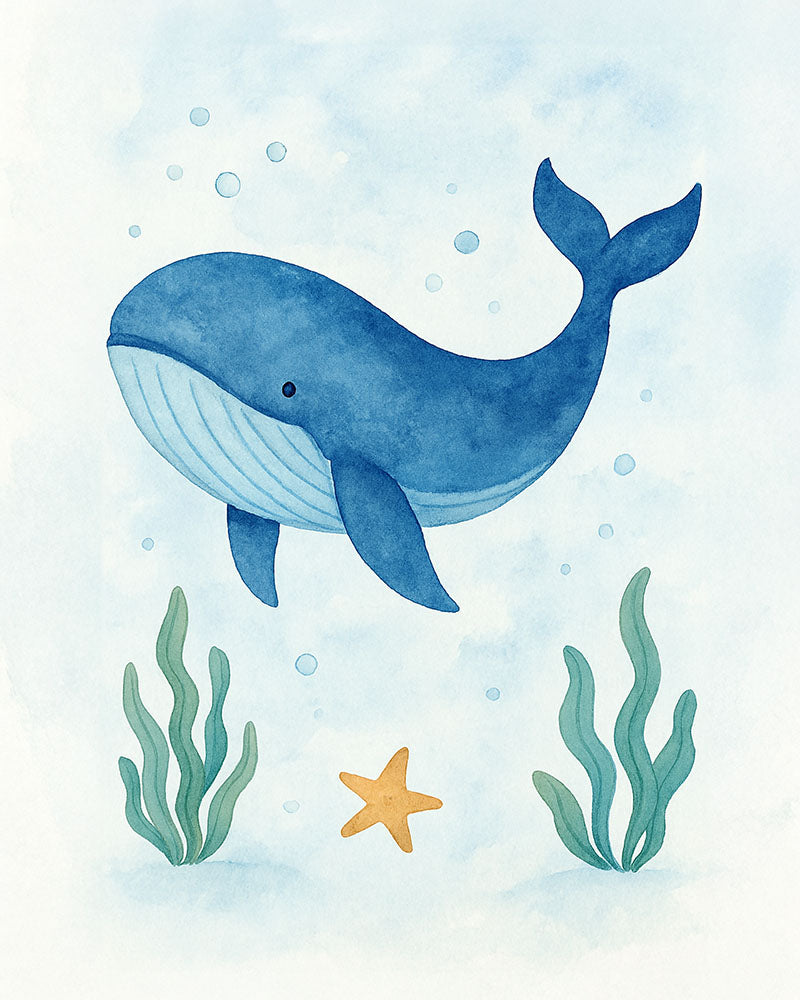 Set of 3 8x10 Ocean Buddies nursery prints with whale, sea turtle, and octopus in calming blues, U.S.-made