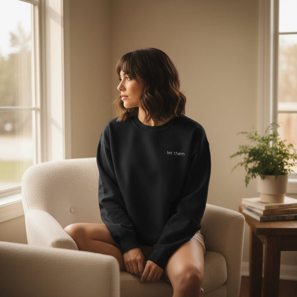 Let Them Sweatshirt – Minimalist Quote Crewneck – Cozy Women’s Pullover – Calm Mindset Clothing – Aesthetic Black Sweatshirt