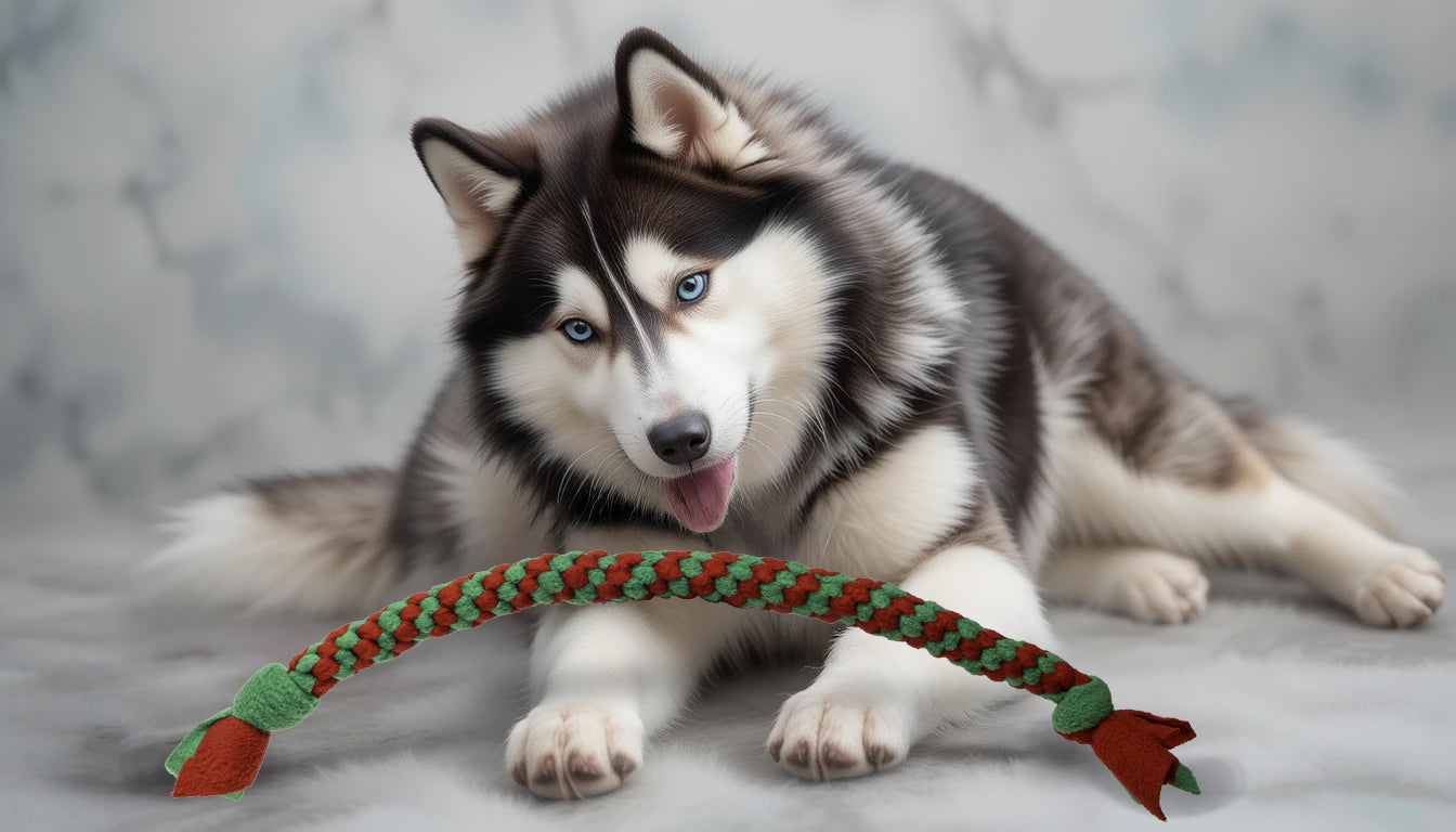 Braided fleece tug and chew dog toy held by large dog