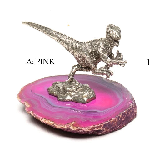 Pewter Raptor Dinosaur Sculpture on Agate Slab (Pink)