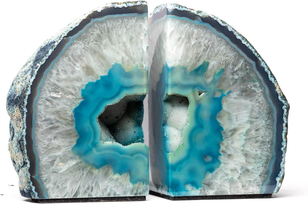 Teal Agate Geode Bookend 12-15 lbs with Felt Bottom for Heavy Books - Includes Bonus Minerals