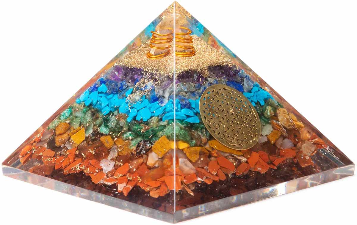 Seven Chakra Stone Orgone Pyramid with Quartz Point - EMF Protection