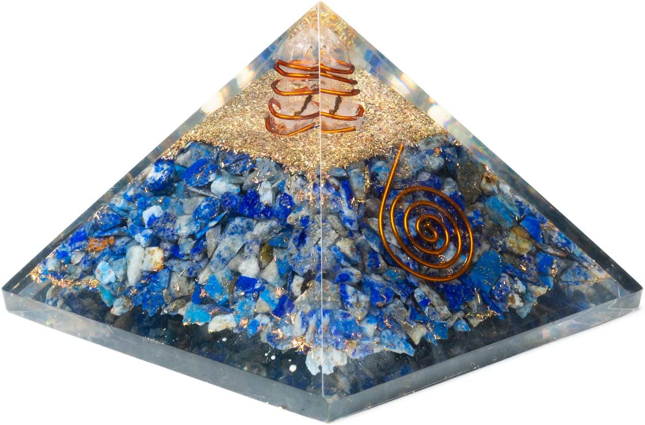 DesertUSA Blue Orgonite Pyramid EMF Protection - Lapis and Copper Wrapped Quartz Crystal Point