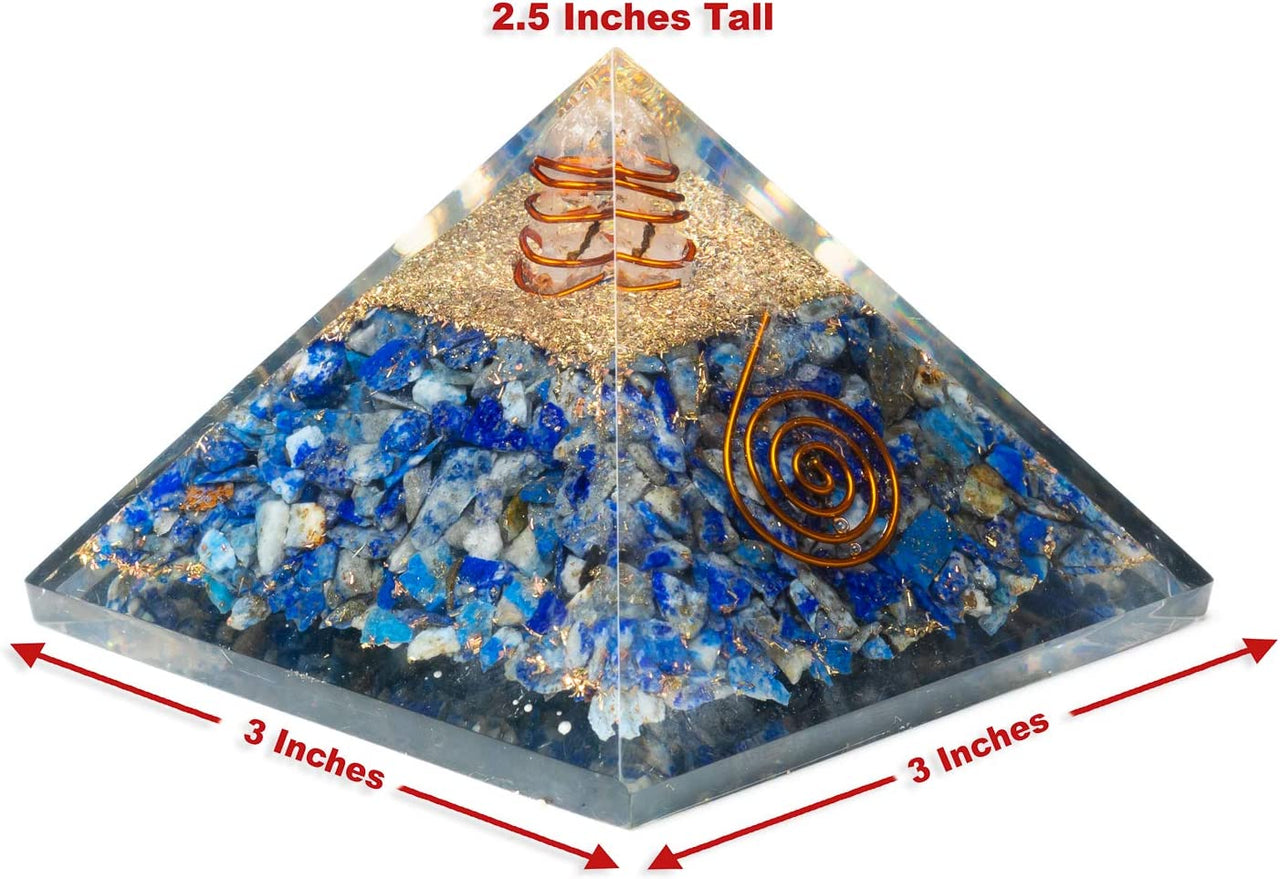 DesertUSA Blue Orgonite Pyramid EMF Protection - Lapis and Copper Wrapped Quartz Crystal Point