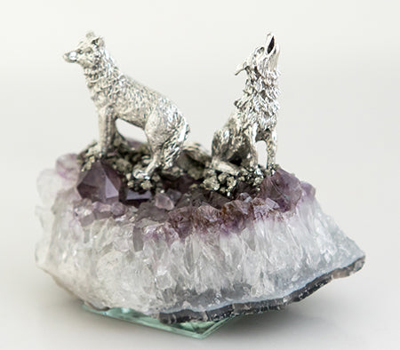 Wolf Pack Figurines on Amethyst Cluster